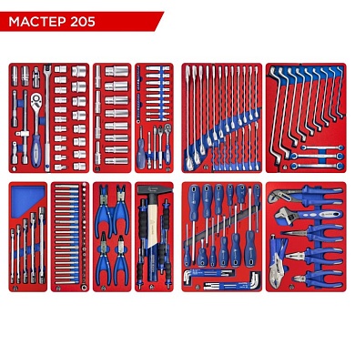 МАСТАК Набор инструментов "МАСТЕР" для тележки, 11 ложементов, 205 предметов